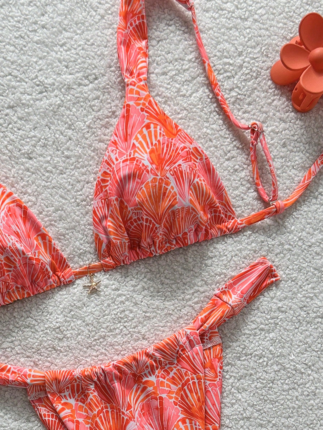 Swim Mod 2 Pieces Set,Cherry Print Halter Triangle Bikini Top And Red
