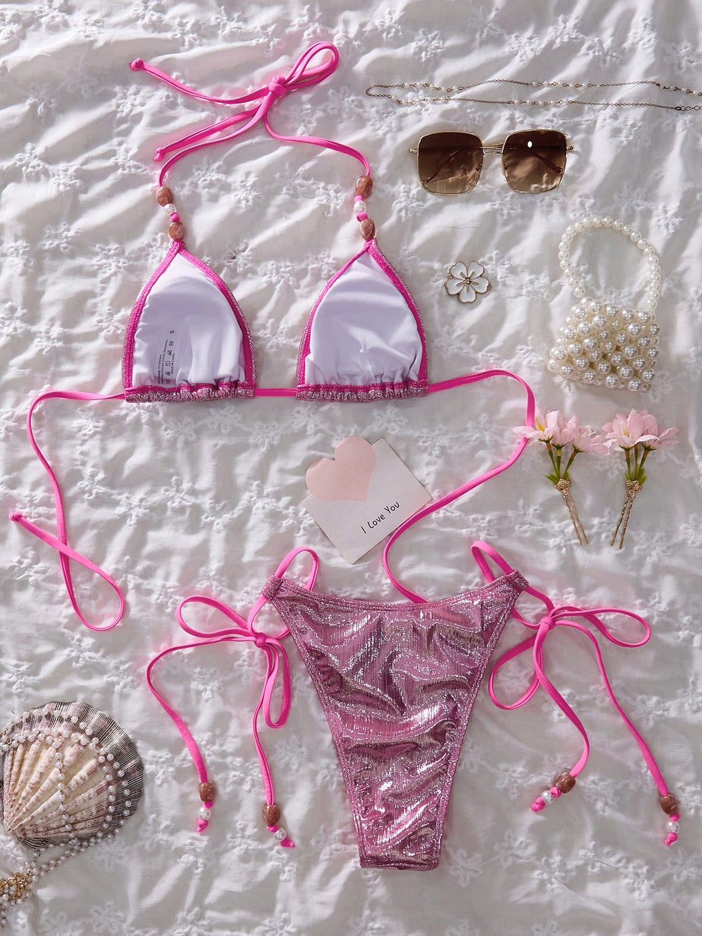 Women's Spring/Summer New Metallic Fabric Beaded Sexy Sweet 3-Piece
