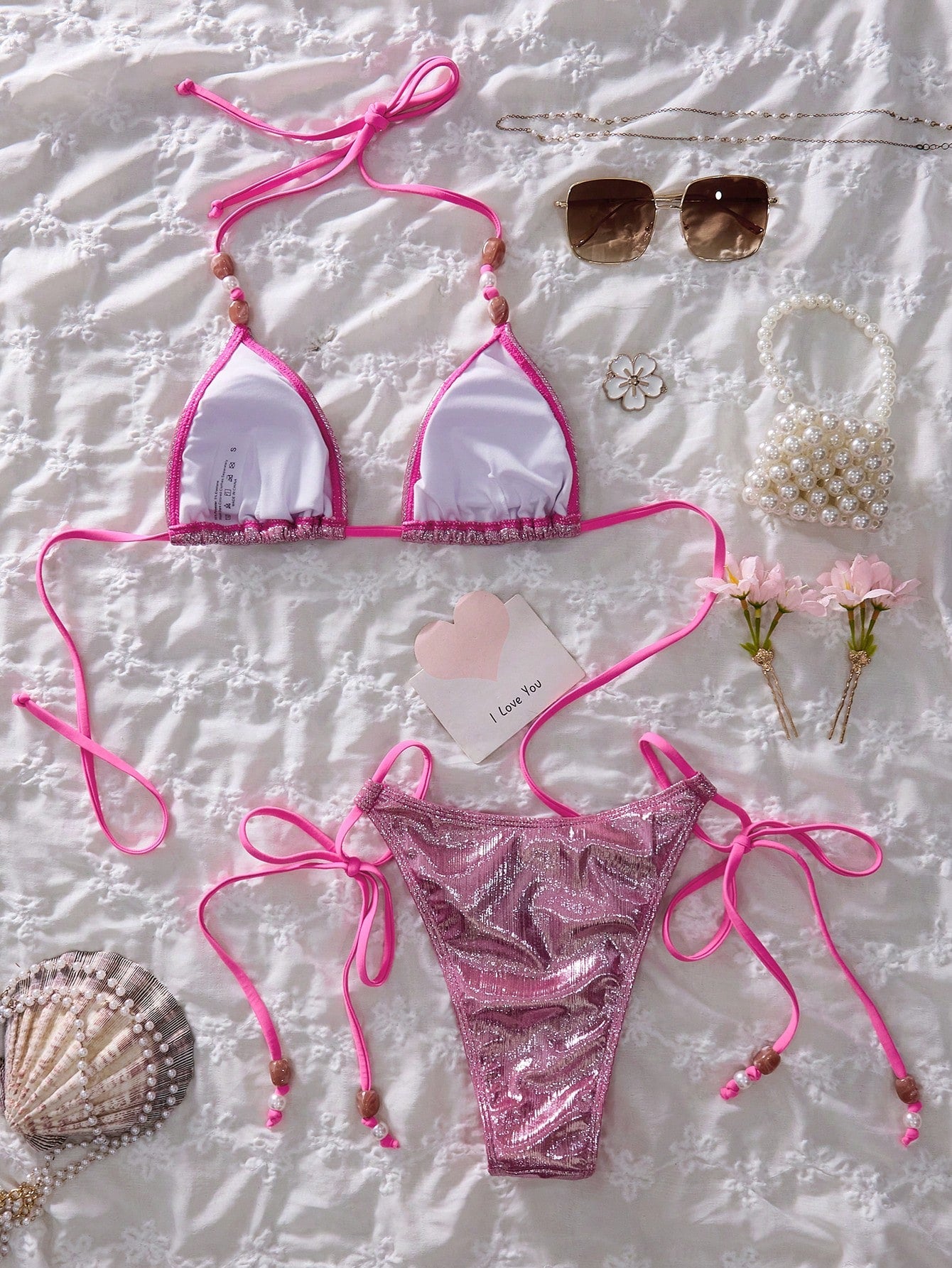 Women's Spring/Summer New Metallic Fabric Beaded Sexy Sweet 3-Piece