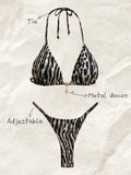 Elavelle Women's Halter Tie Back Zebra Stripe Thong Bikini Set Multicolor Fabric