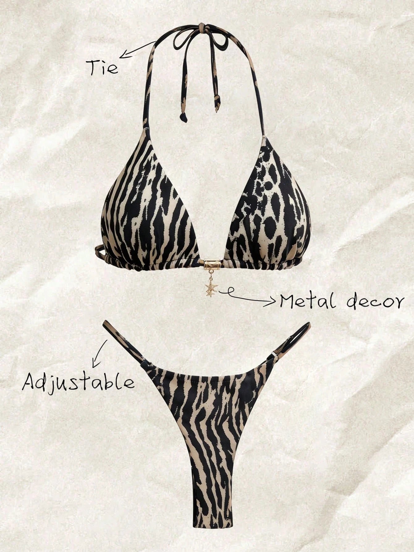 Elavelle Women's Halter Tie Back Zebra Stripe Thong Bikini Set Multicolor Fabric