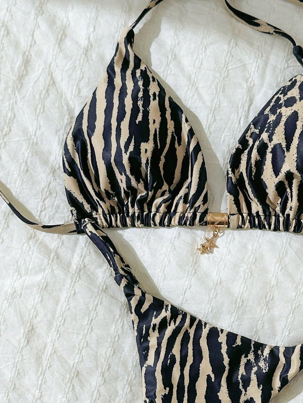 Elavelle Women's Halter Tie Back Zebra Stripe Thong Bikini Set Multicolor Fabric