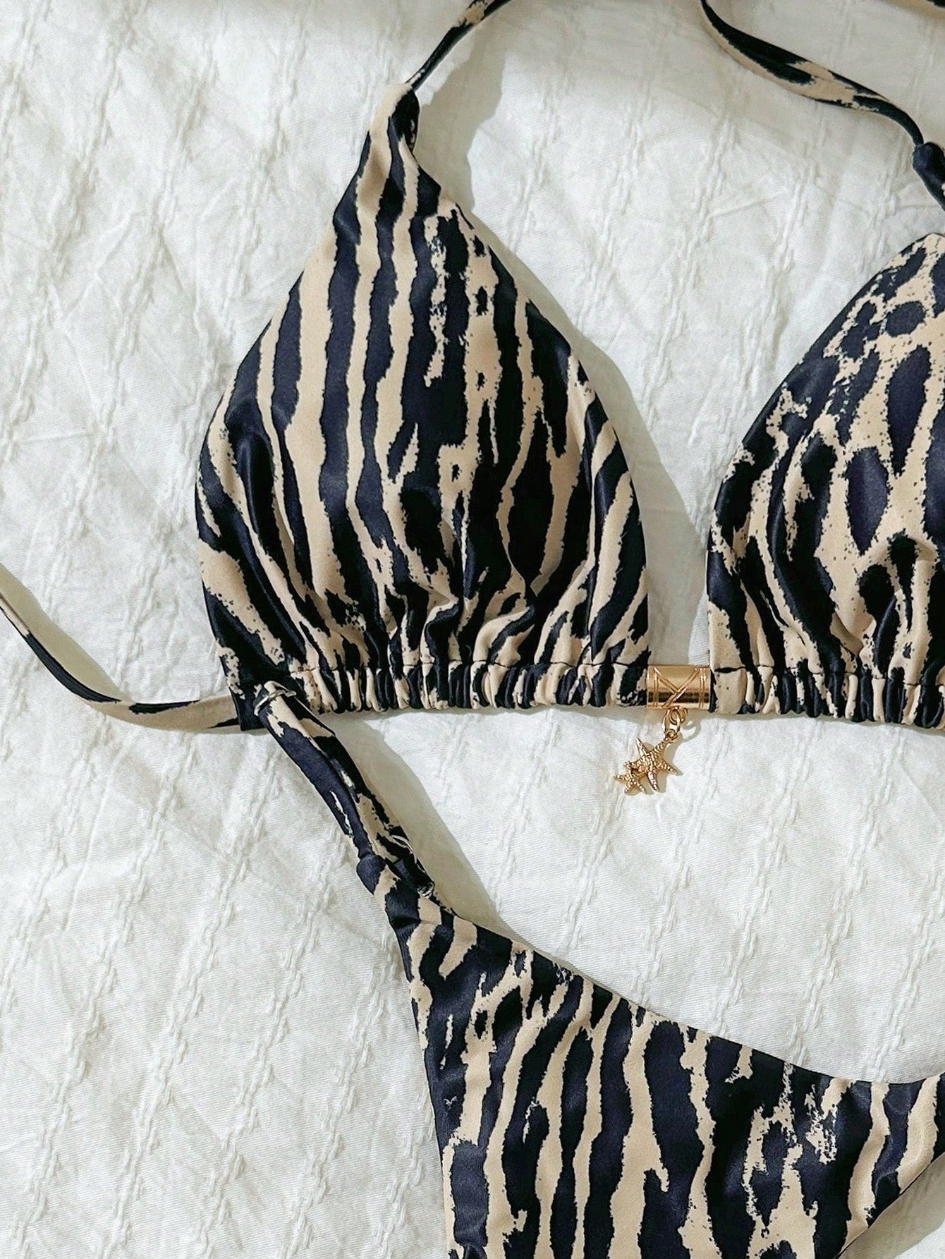 Elavelle Women's Halter Tie Back Zebra Stripe Thong Bikini Set Multicolor Fabric
