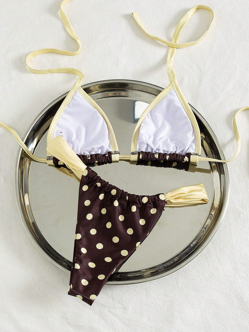 Swim Mod Contrast Color Polka Dot Print Halter Neck Tied Two Pieces