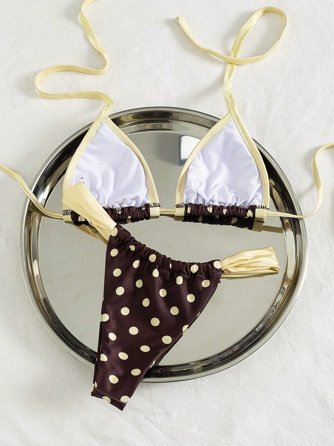 Swim Mod Contrast Color Polka Dot Print Halter Neck Tied Two Pieces