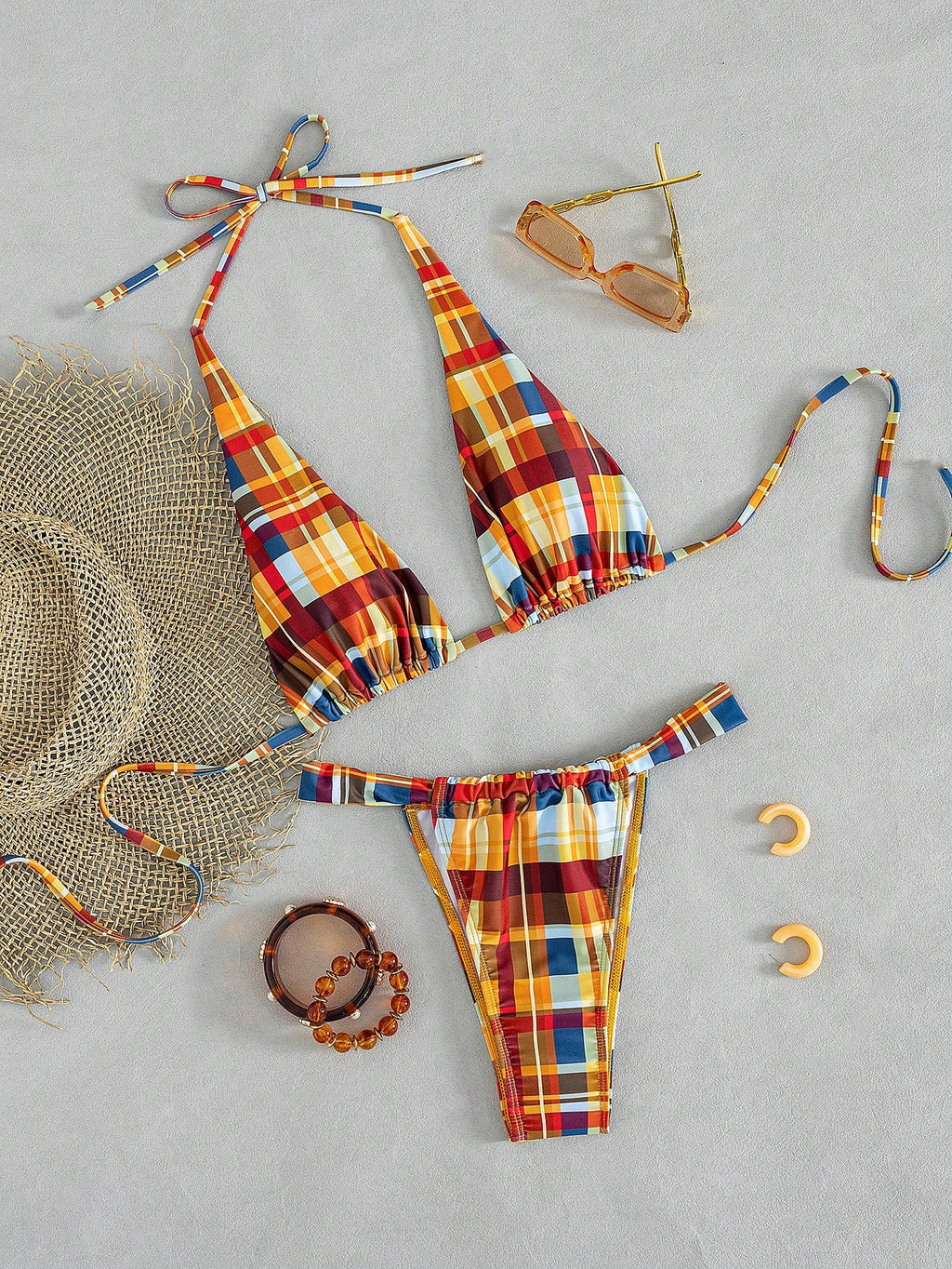 Women's Sexy Blue & Brown Polka Dot Bikini Set, Suitable For Beach,