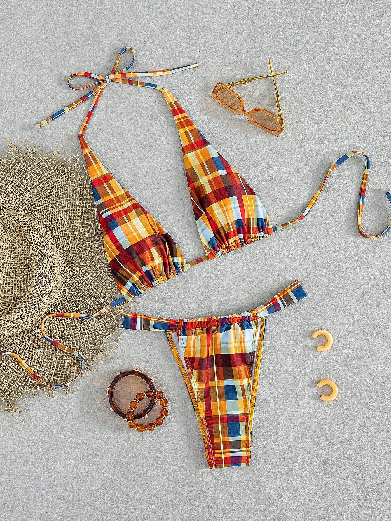 Women's Sexy Blue & Brown Polka Dot Bikini Set, Suitable For Beach,