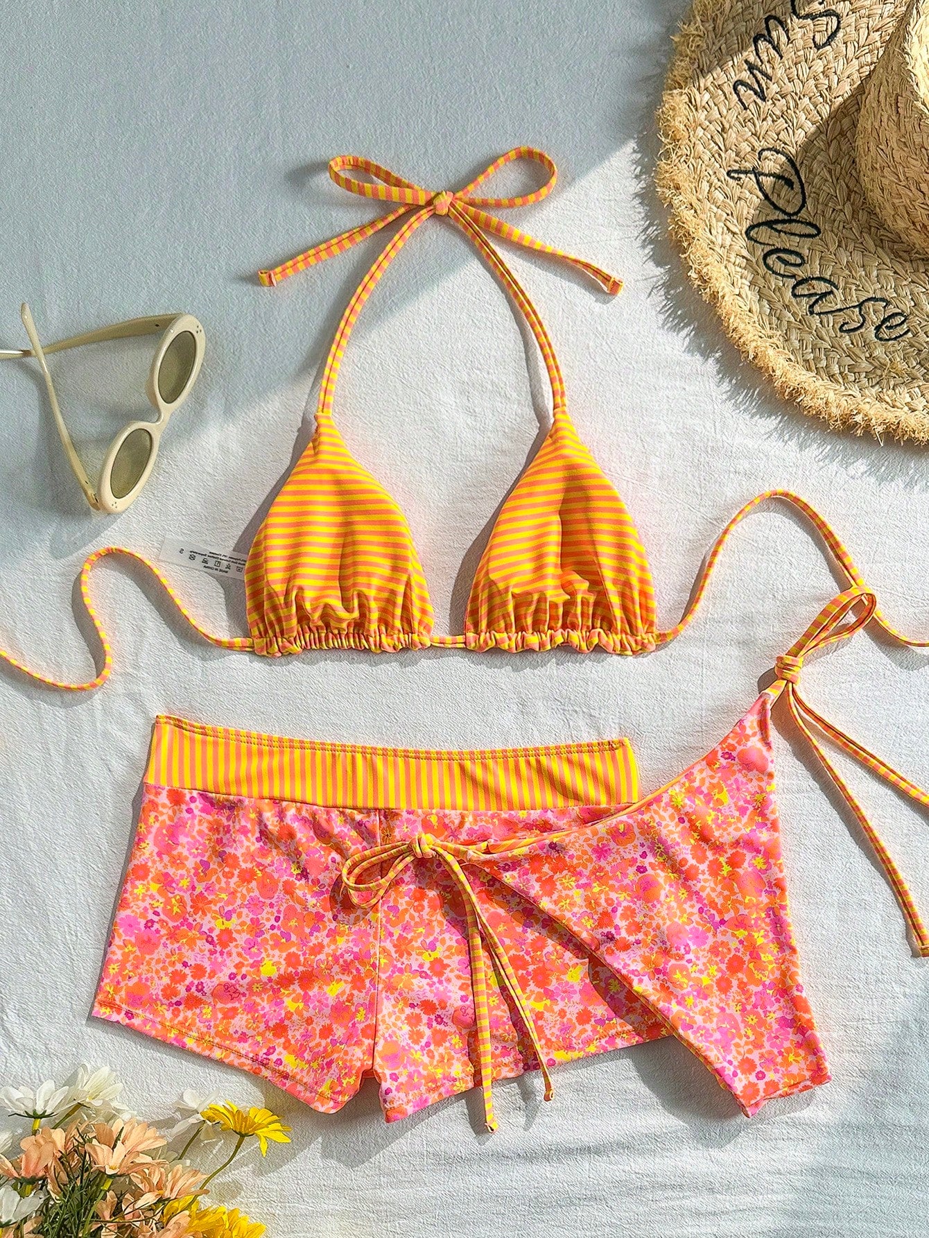 Swim Mod Women's 3 PiecesSwimsuit Set,Reversible Sweet Floral Striped