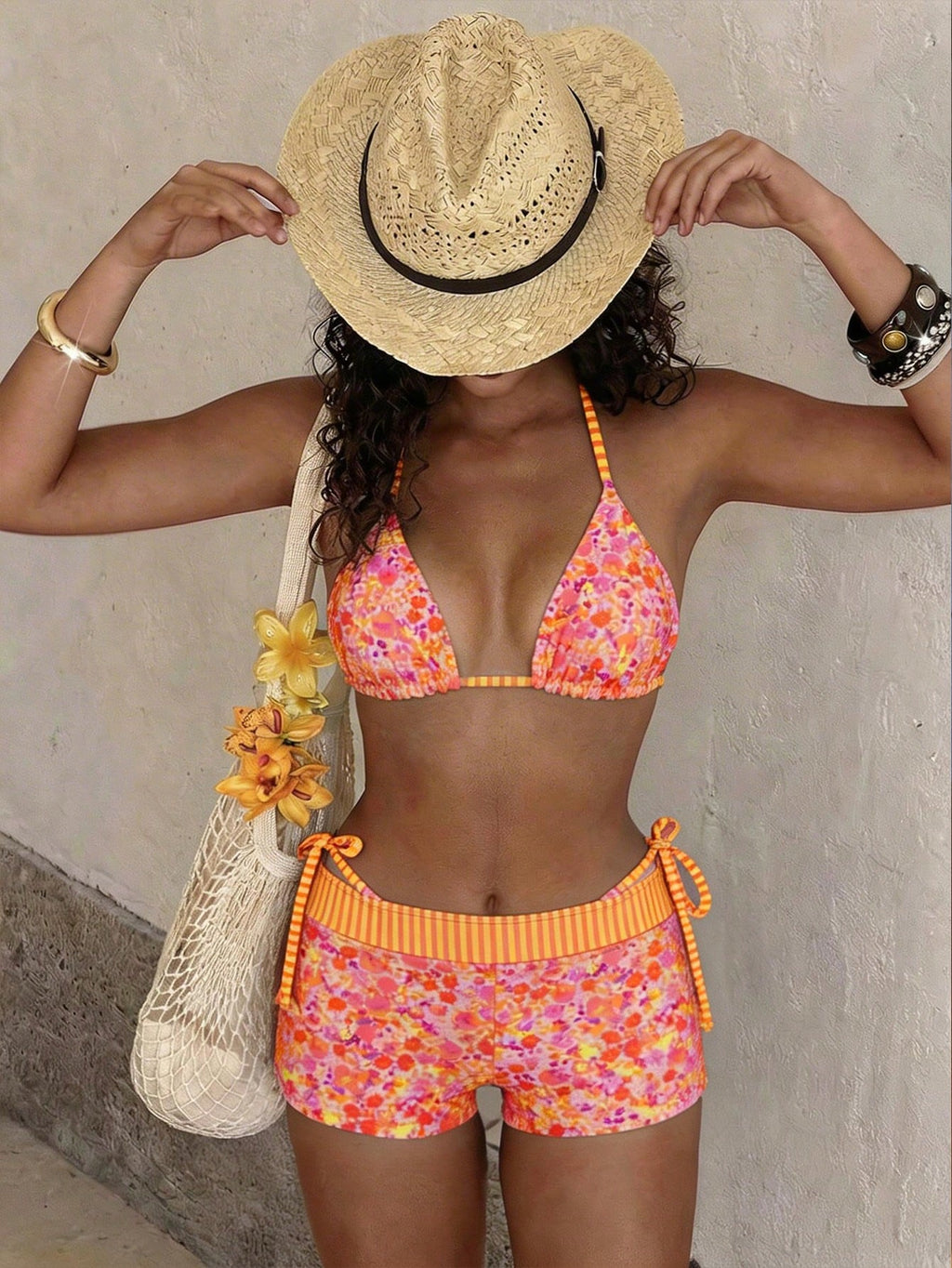 Swim Mod Women's 3 PiecesSwimsuit Set,Reversible Sweet Floral Striped