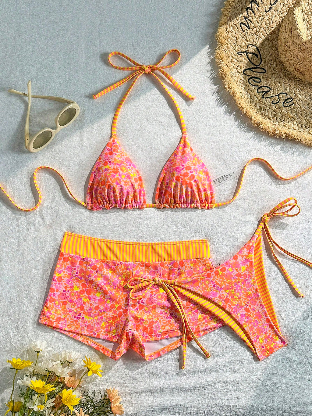Swim Mod Women's 3 PiecesSwimsuit Set,Reversible Sweet Floral Striped