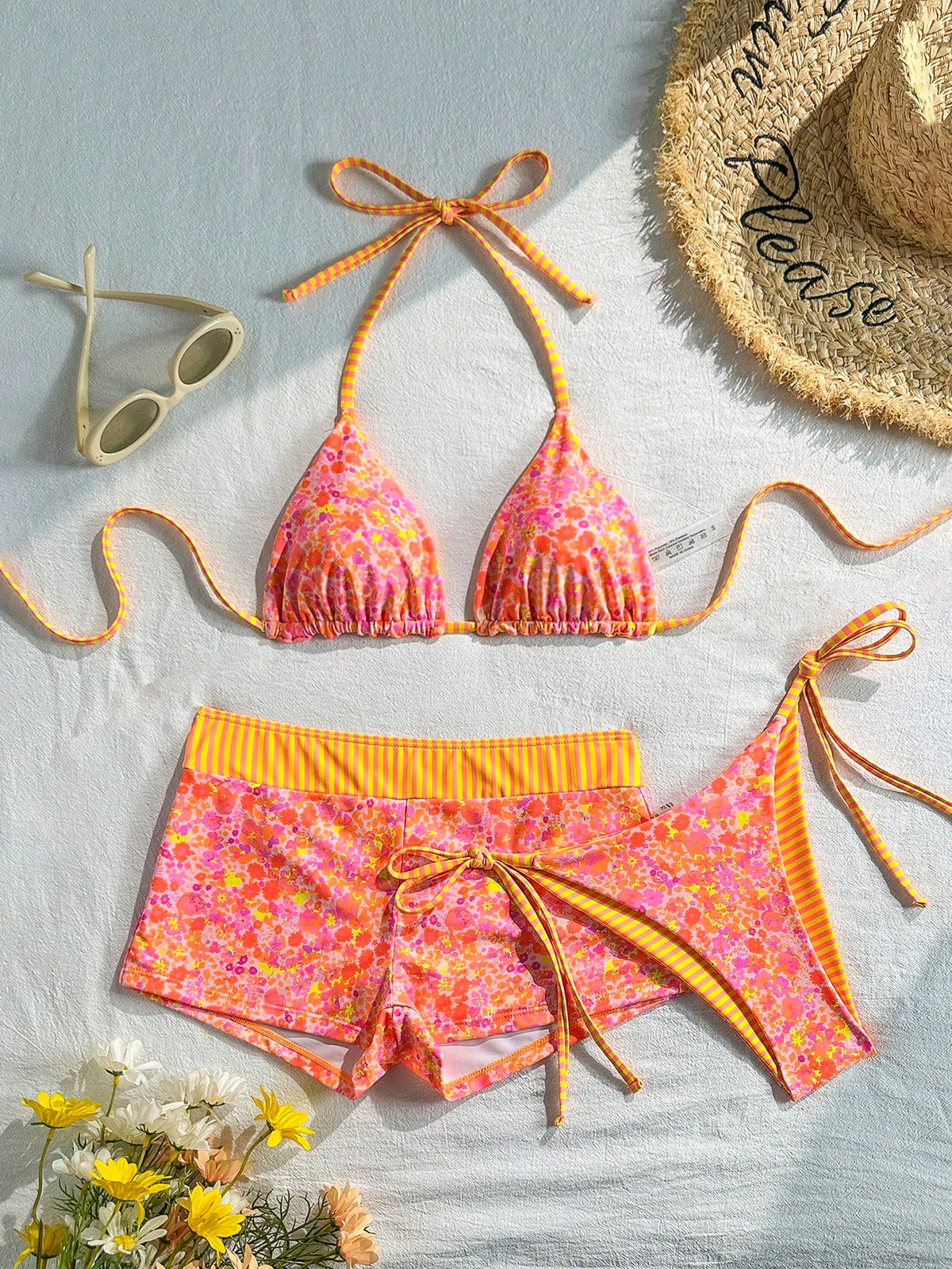 Swim Mod Women's 3 PiecesSwimsuit Set,Reversible Sweet Floral Striped Bikini Top And Boyshort Bottoms,Pink - image 6