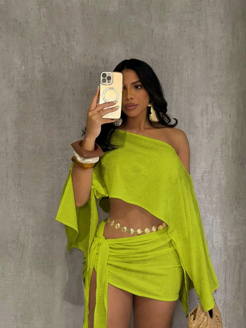 Boho 2 Piece Outfits Textured Off Shoulder Batwing Sleeve Top Tie Side Ruched Mi