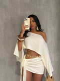 Boho 2 Piece Outfits Textured Off Shoulder Batwing Sleeve Top Tie Side Ruched Mi