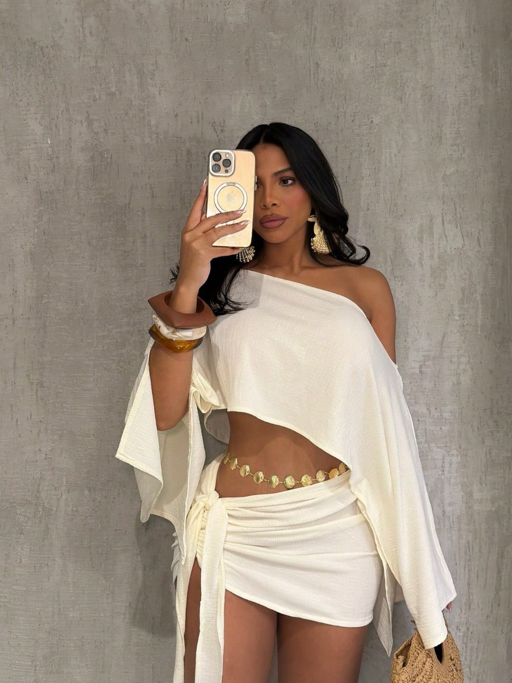 Boho 2 Piece Outfits Textured Off Shoulder Batwing Sleeve Top Tie Side Ruched Mi