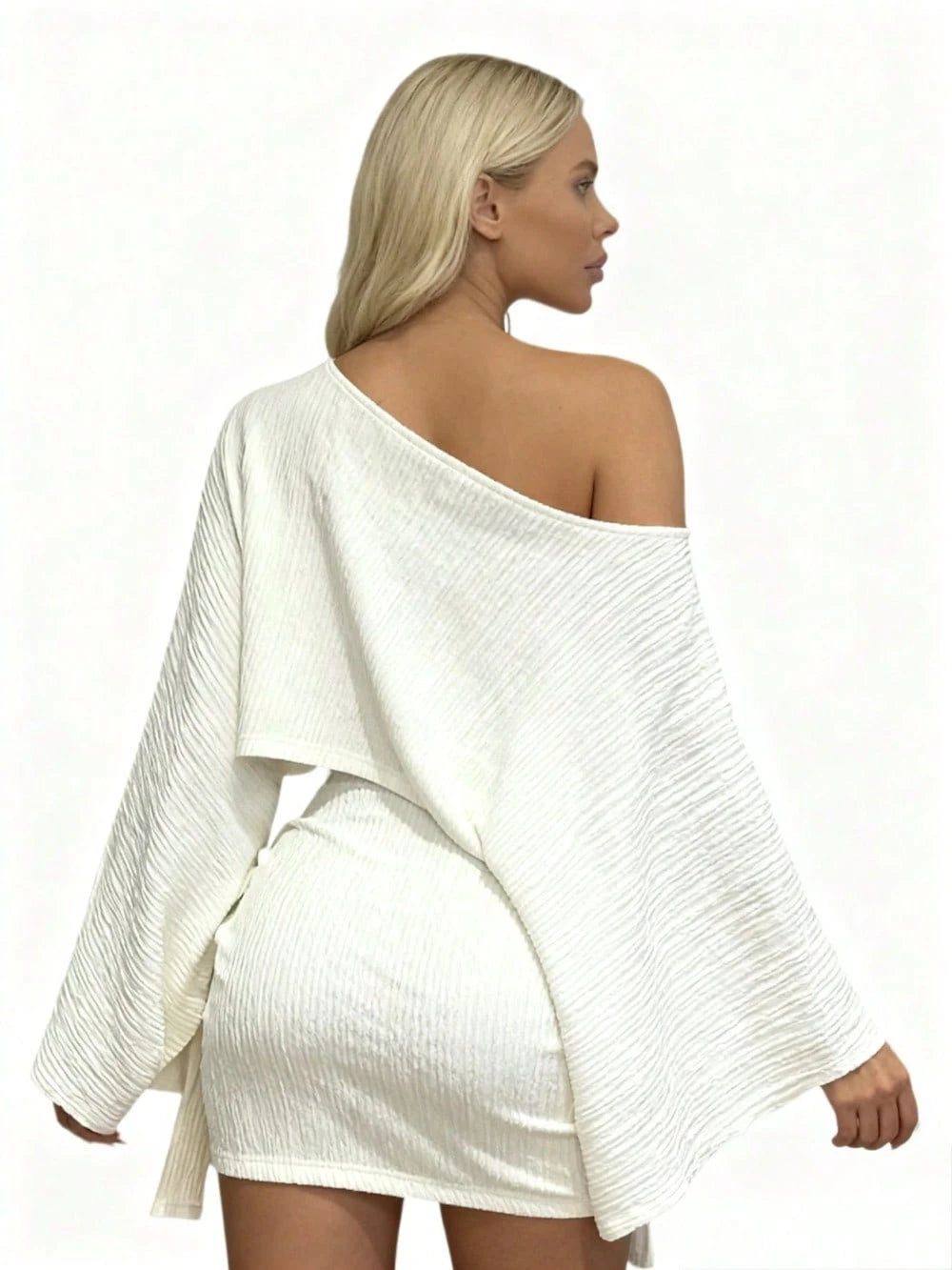 Boho 2 Piece Outfits Textured Off Shoulder Batwing Sleeve Top Tie Side Ruched Mi