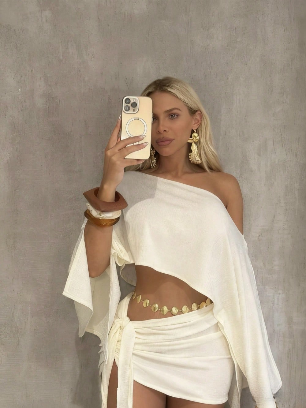 Boho 2 Piece Outfits Textured Off Shoulder Batwing Sleeve Top Tie Side Ruched Mi
