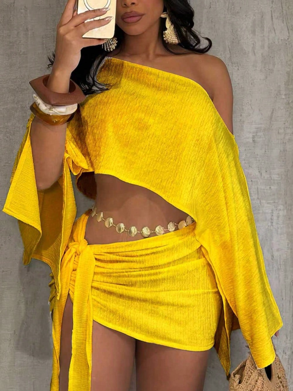 Boho 2 Piece Outfits Textured Off Shoulder Batwing Sleeve Top Tie Side Ruched Mi