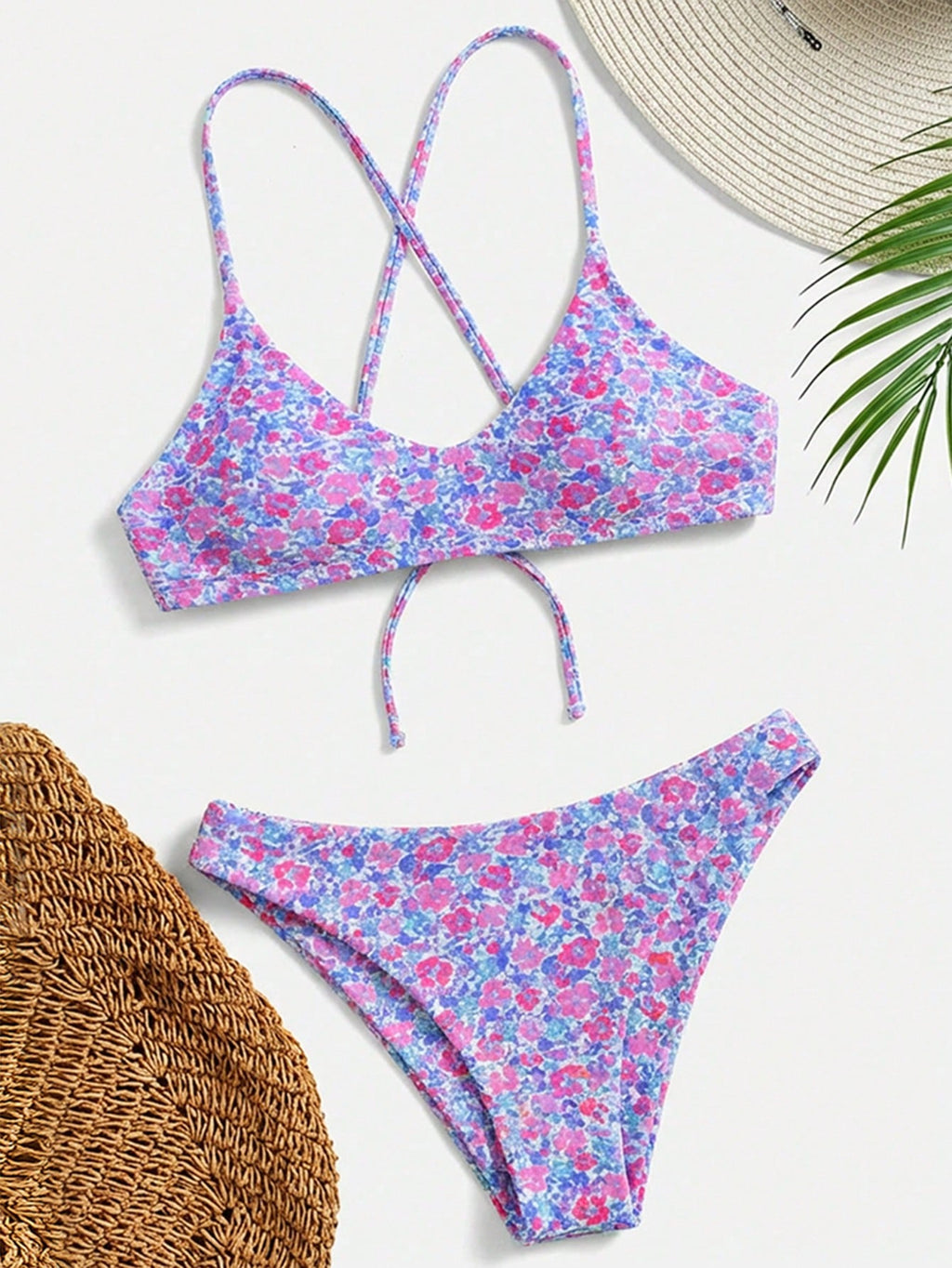 Swim Mod Ditsy Floral Casual Spaghetti Strap Bikini Swimwear, Wireless Vacation