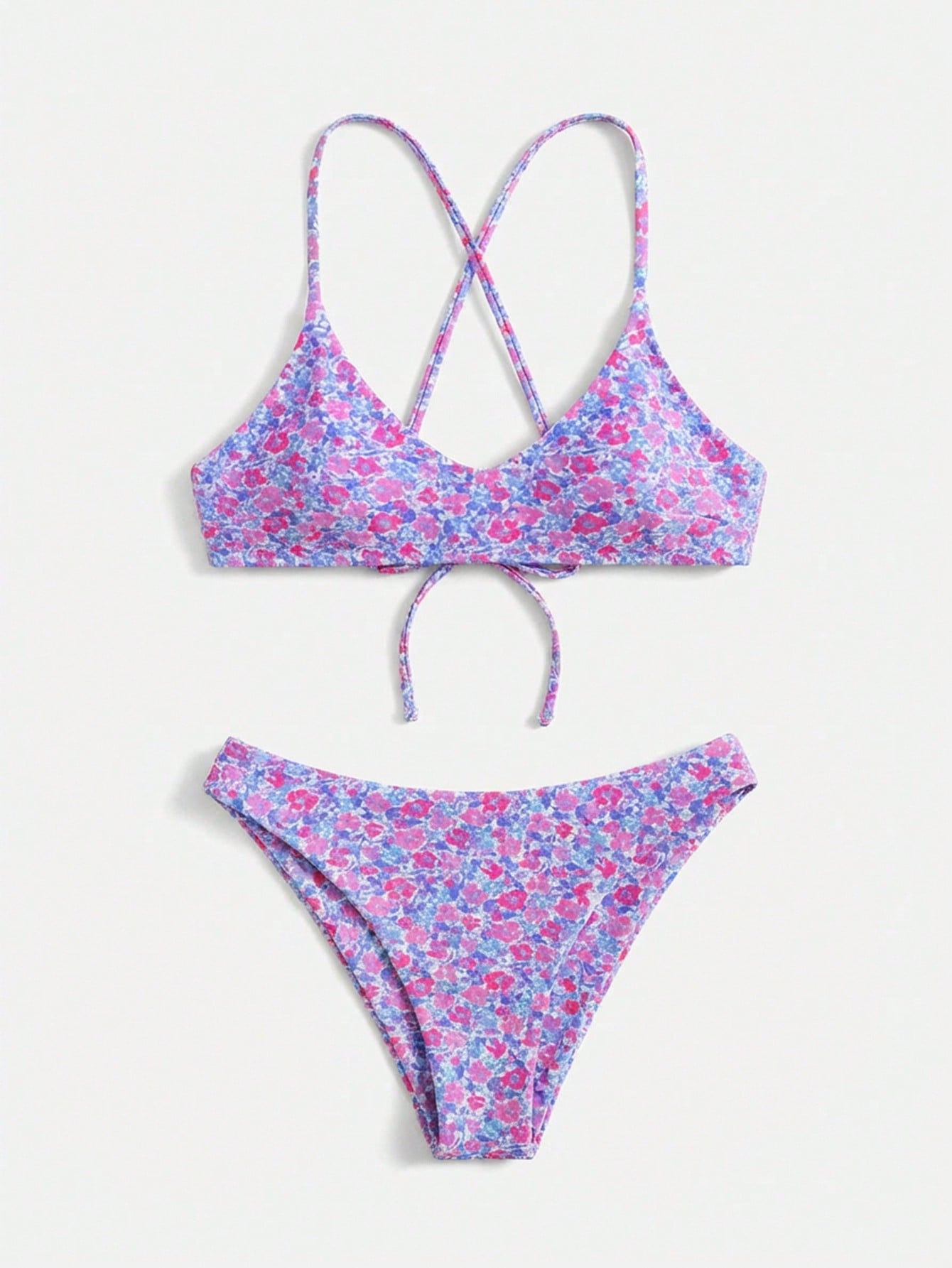 Swim Mod Ditsy Floral Casual Spaghetti Strap Bikini Swimwear, Wireless Vacation