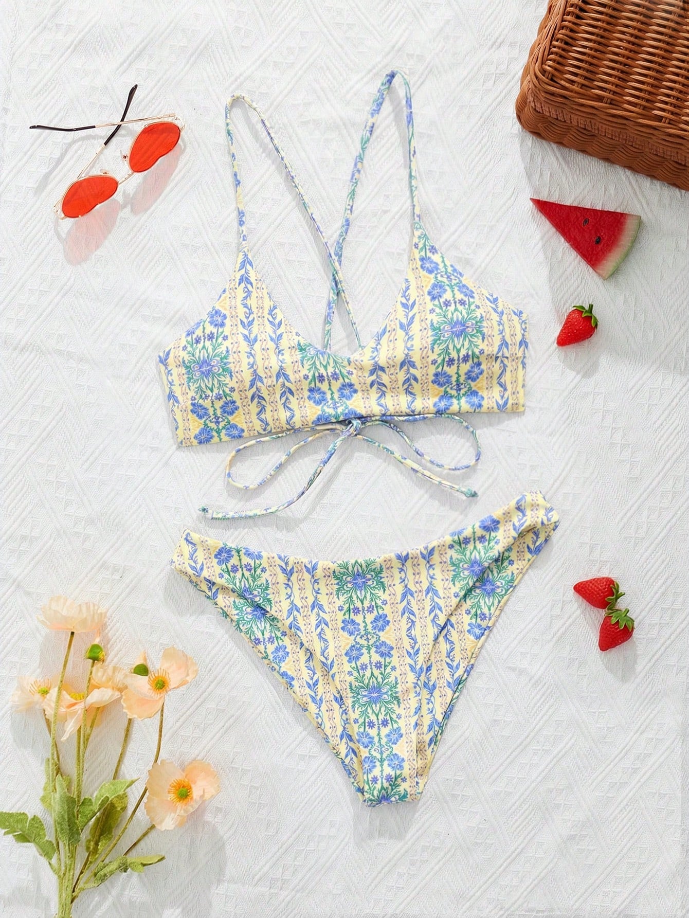 Swim Mod Ditsy Floral Casual Spaghetti Strap Bikini Swimwear,