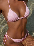 Women's Elegant Sweet Pink Lace Halter Tie Bikini Set, Beaded Detail, Perfect Fo