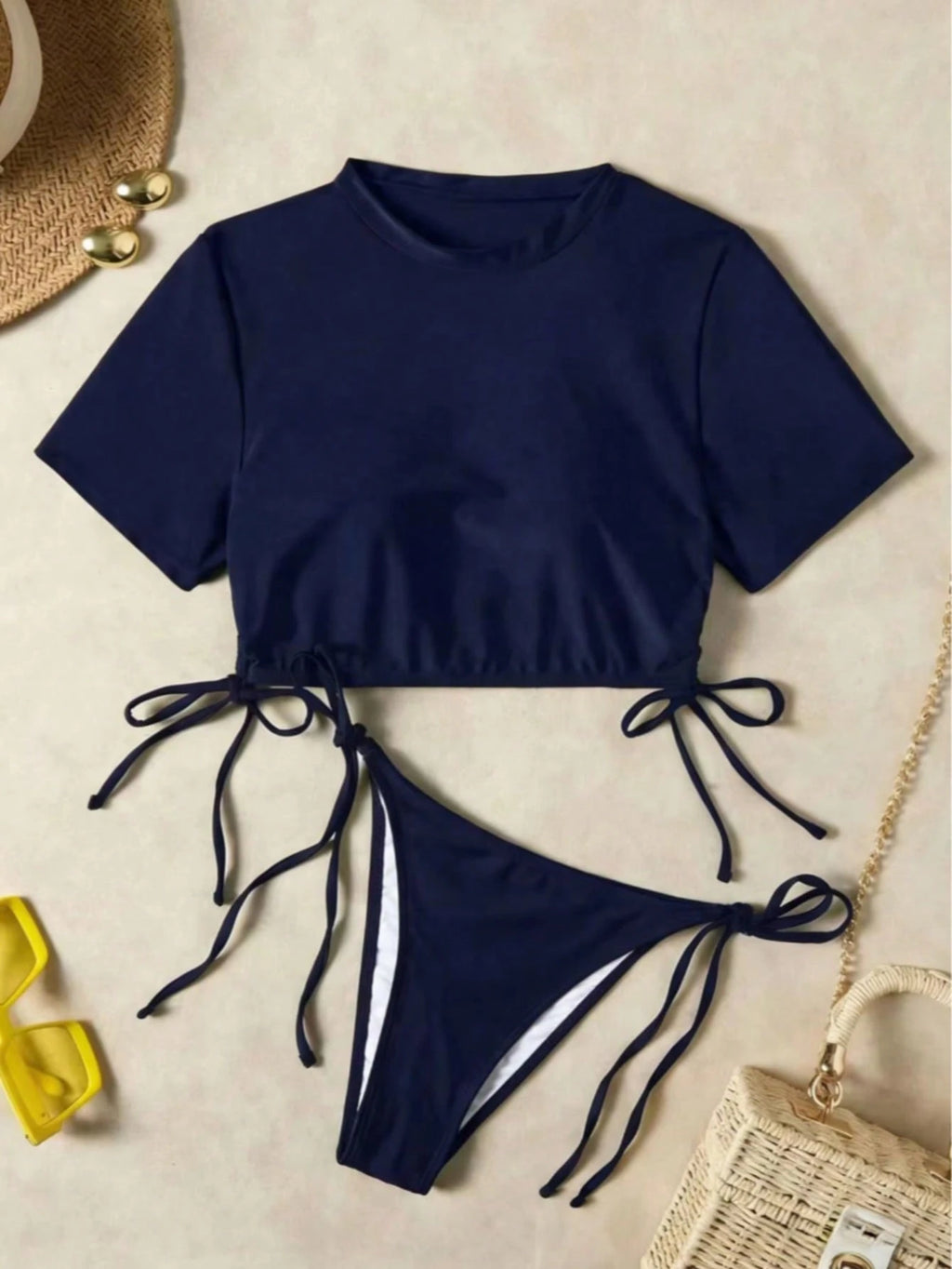 New Summer Drawstring Solid Color Bikini Women's Beach Swimwear