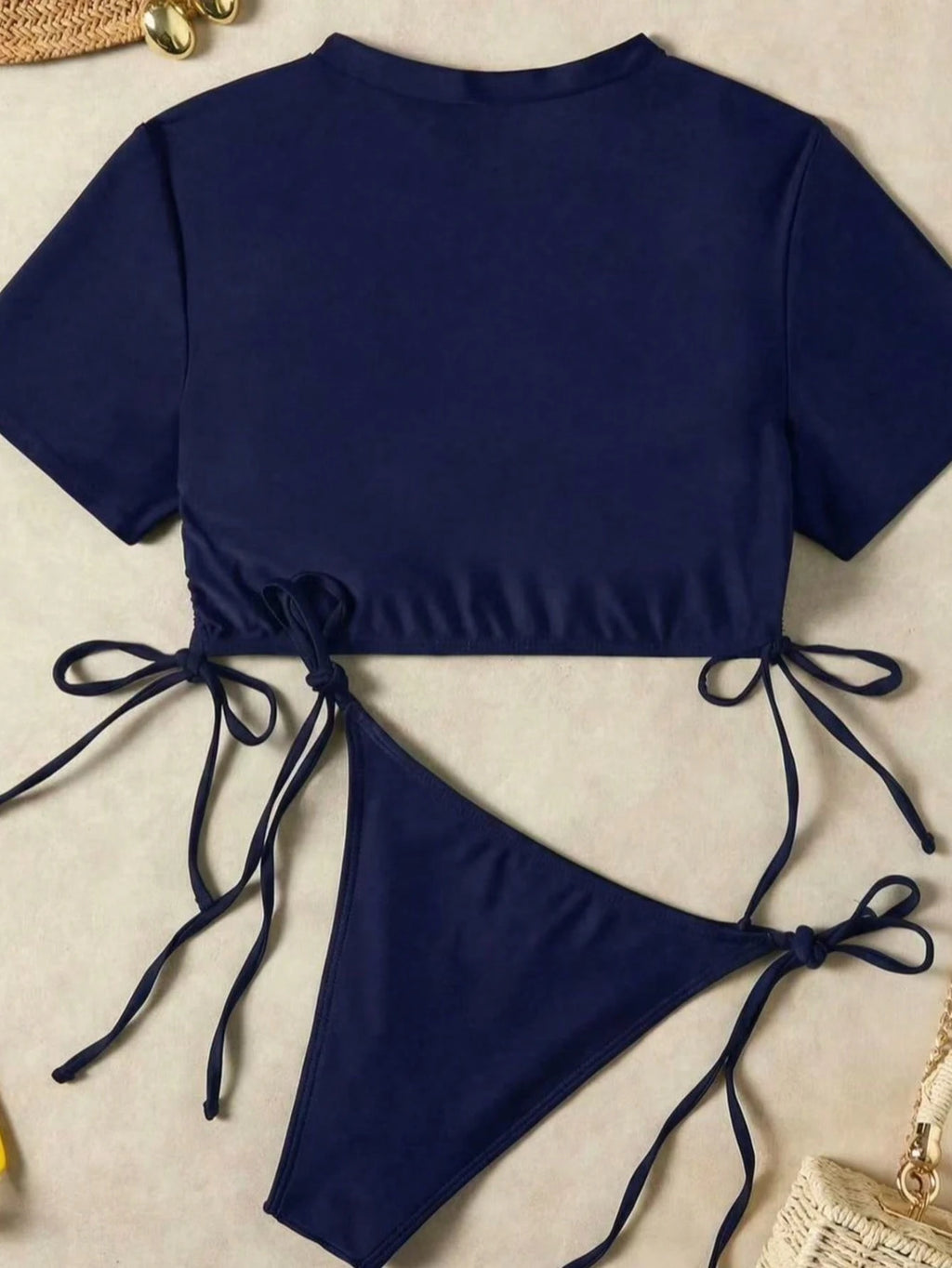 New Summer Drawstring Solid Color Bikini Women's Beach Swimwear