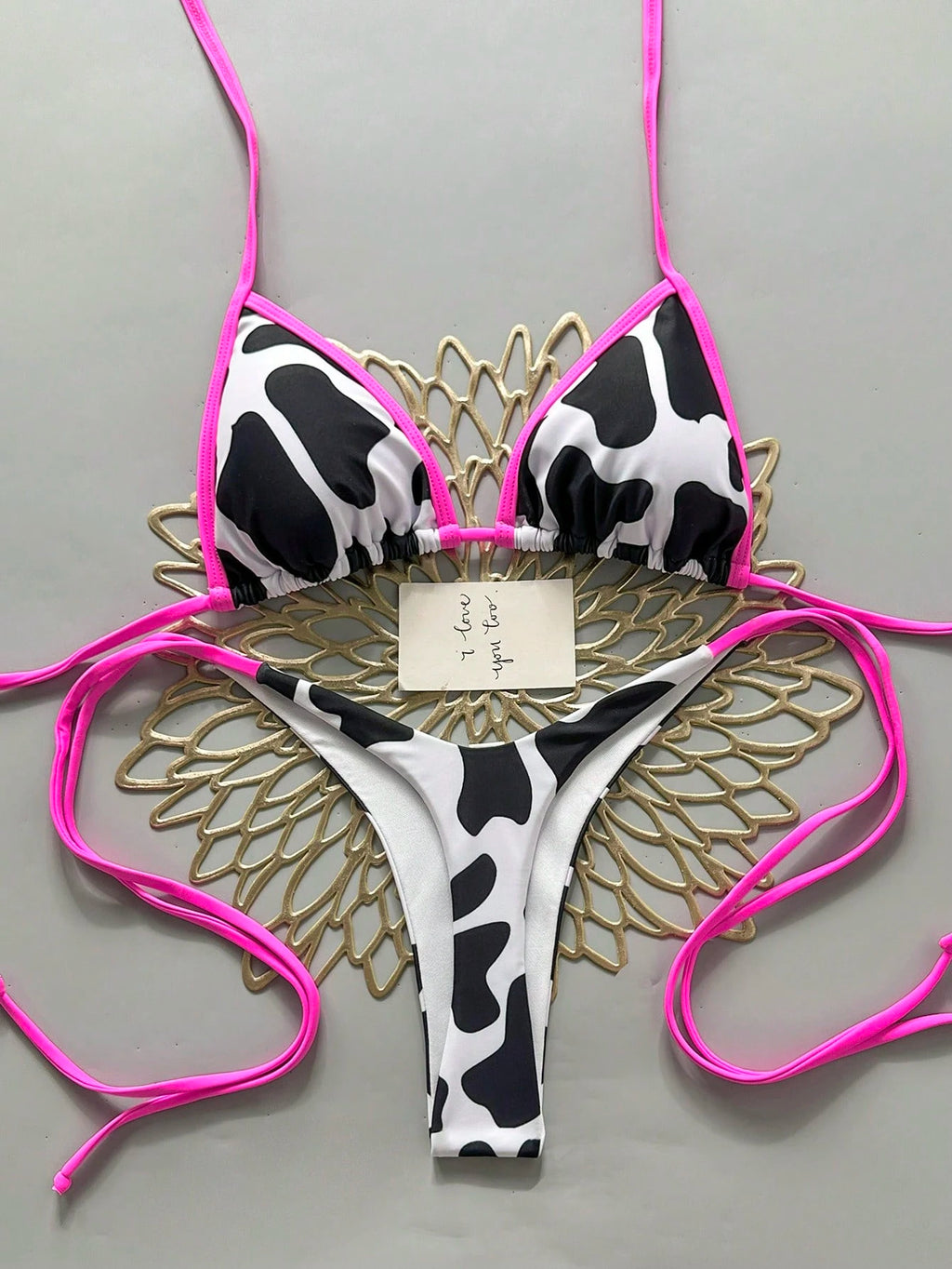 Women's Summer Beach Cow Print Halter Tie Sexy Bikini And Triangle