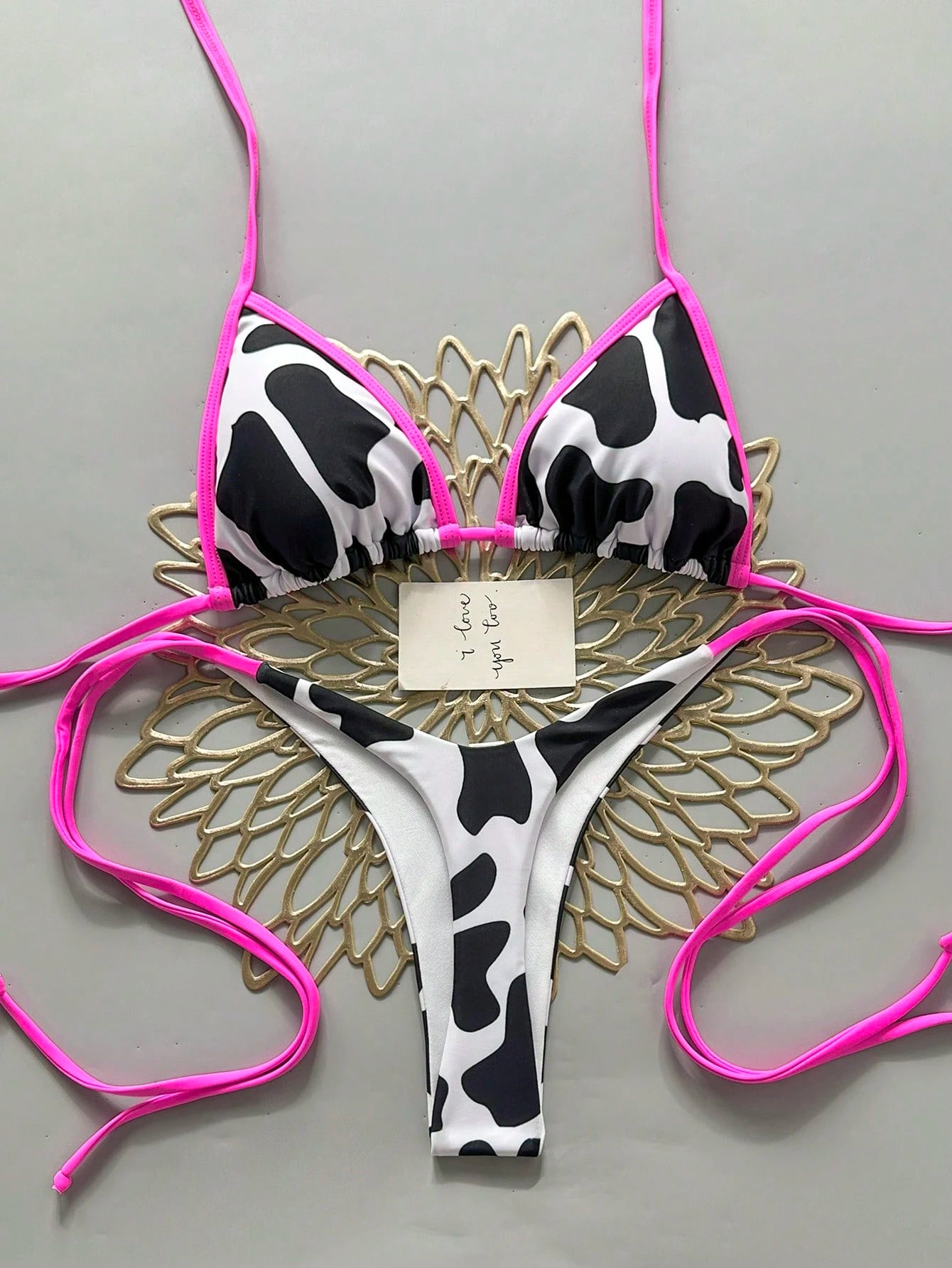 Women's Summer Beach Cow Print Halter Tie Sexy Bikini And Triangle