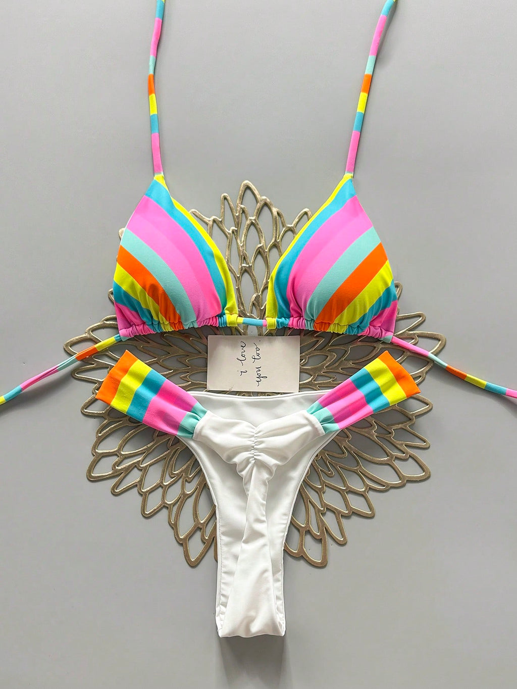 Vibrant Rainbow Striped Bikini Set, Spaghetti Strap Top With Ruffle Details, Cas