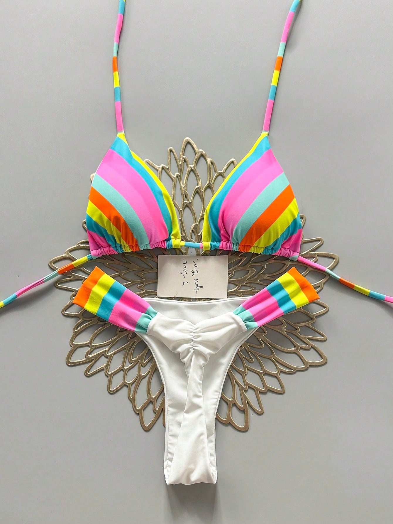 Vibrant Rainbow Striped Bikini Set, Spaghetti Strap Top With Ruffle Details, Cas