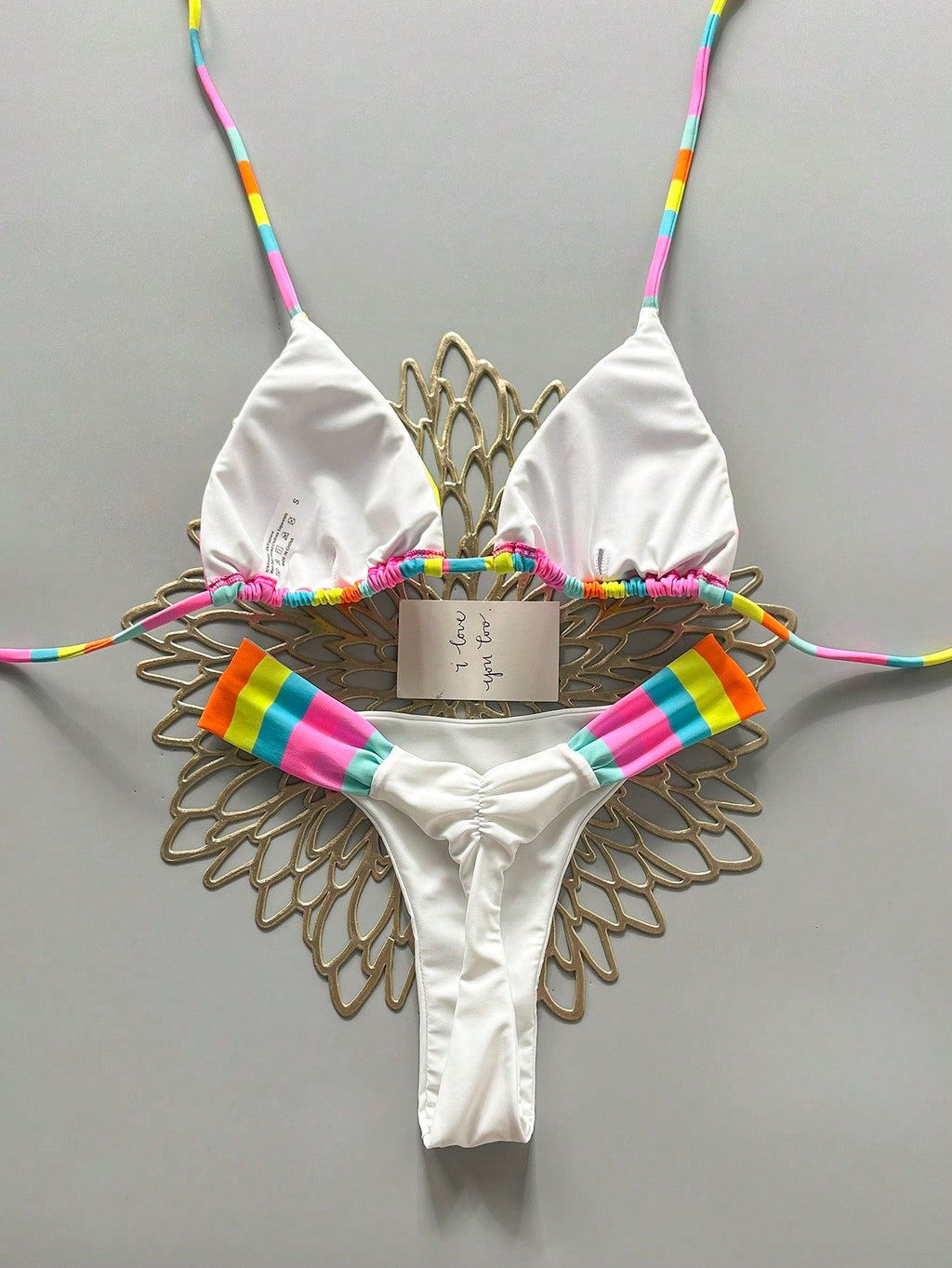Vibrant Rainbow Striped Bikini Set, Spaghetti Strap Top With Ruffle Details, Cas
