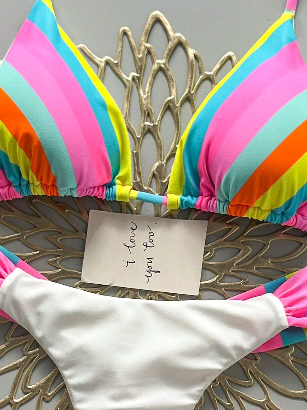 Vibrant Rainbow Striped Bikini Set, Spaghetti Strap Top With Ruffle Details, Cas