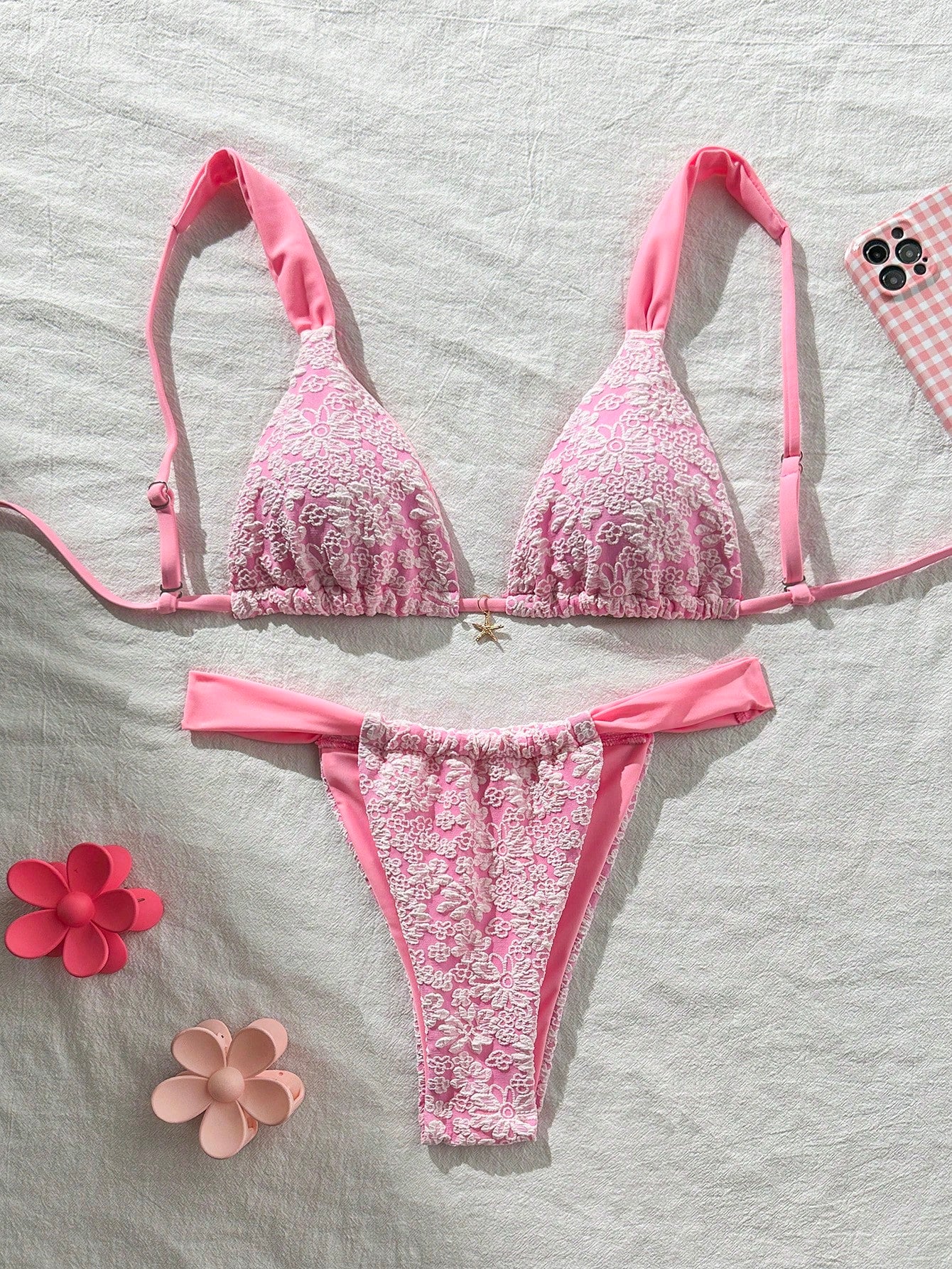 Swim Mod 2 Pieces Set,Cherry Print Halter Triangle Bikini Top And Red