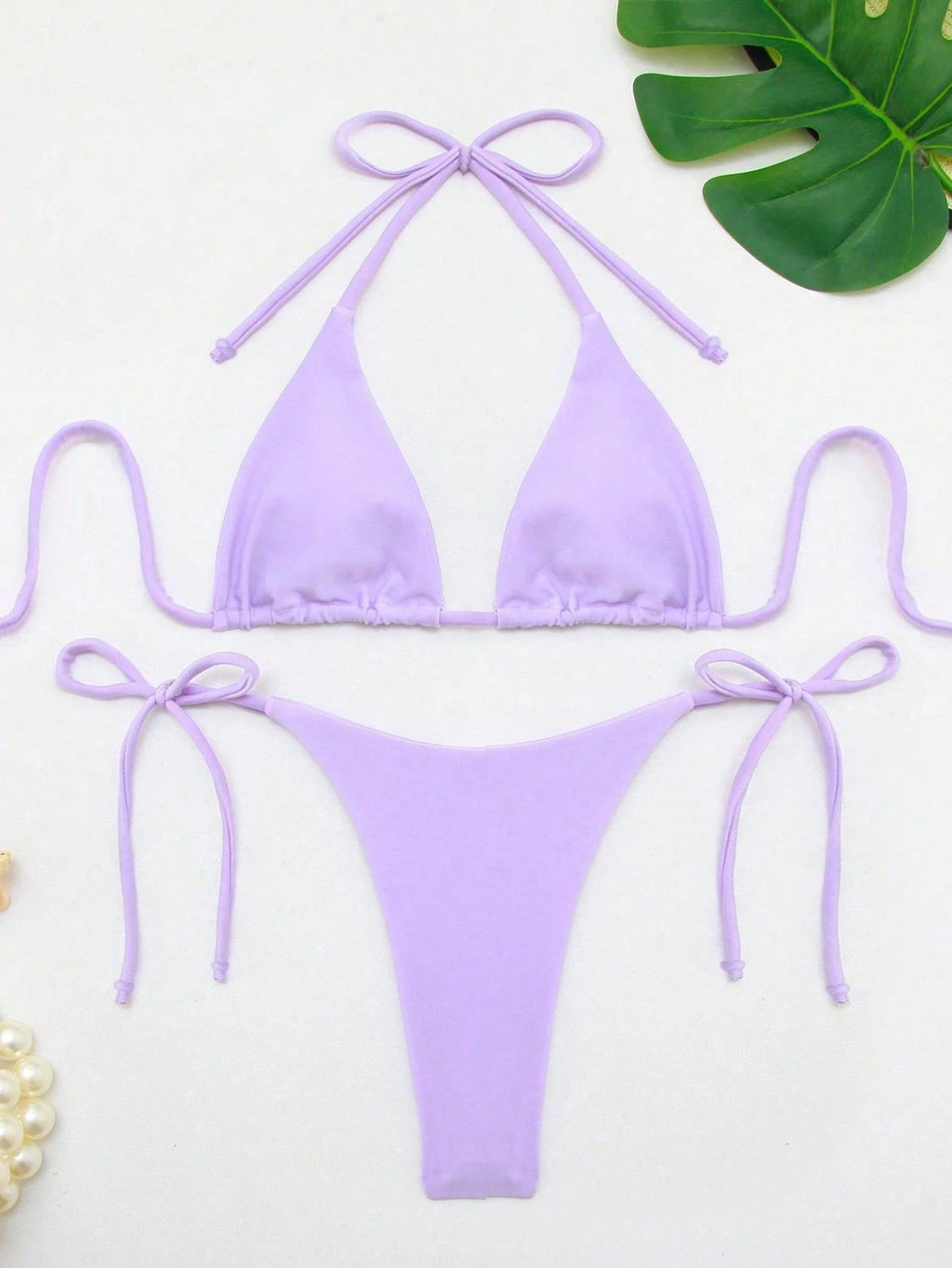 Women's Solid Color Triangle Bikini Set With Drawstring Sexy Halter Neck For Beach Vacation Summer Pink - image 12