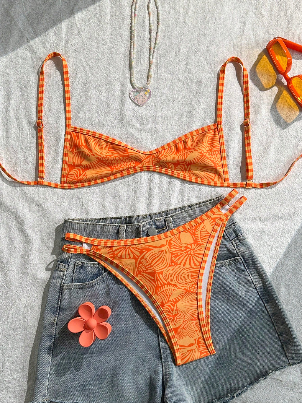 Swim Mod Women's Spaghetti Strap Orange Floral Print Sexy Beach