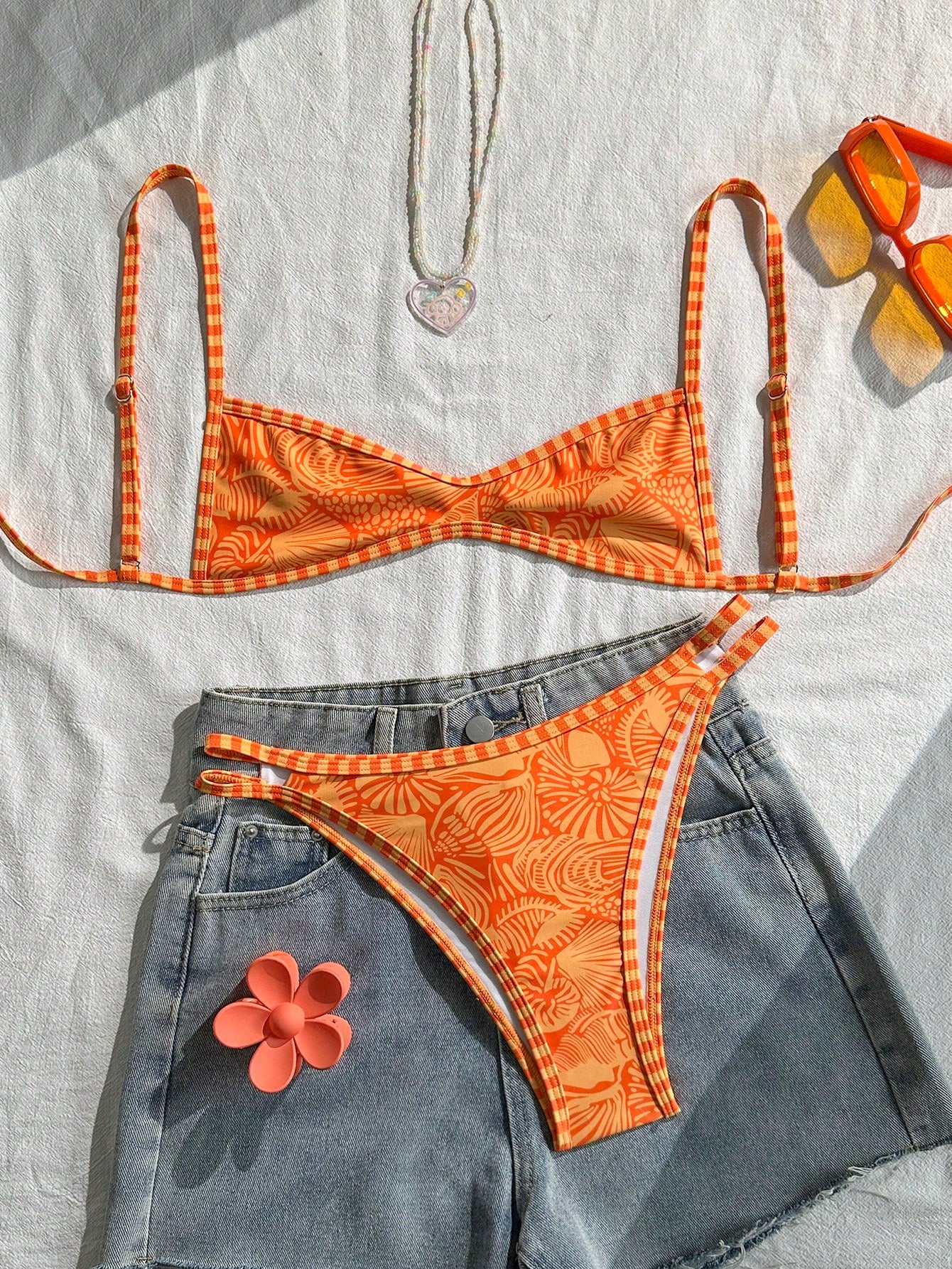 Swim Mod Women's Spaghetti Strap Orange Floral Print Sexy Beach