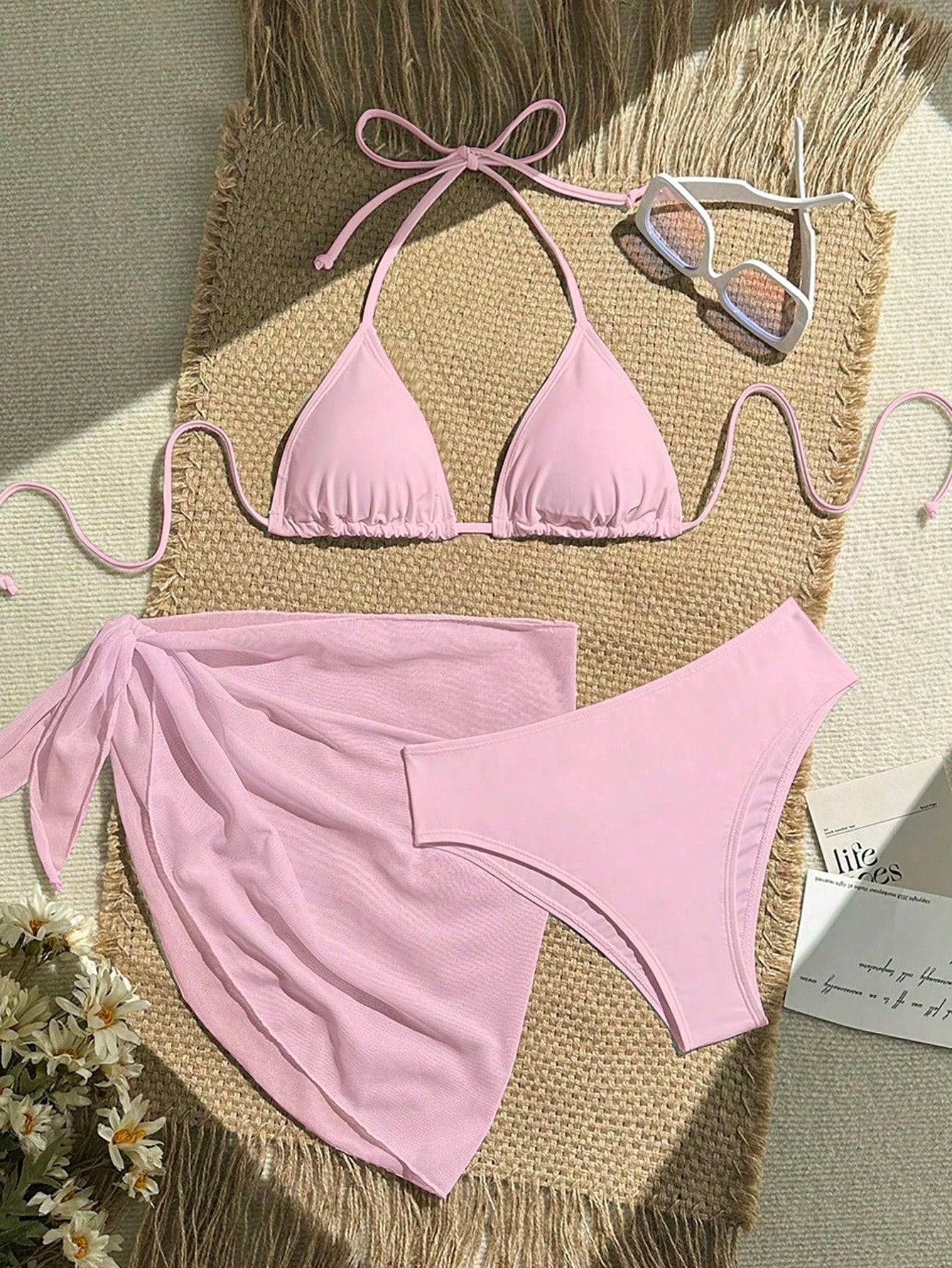 Zestiva 3pcs/Set Solid Color Textured Bikini Swimwear For Beach