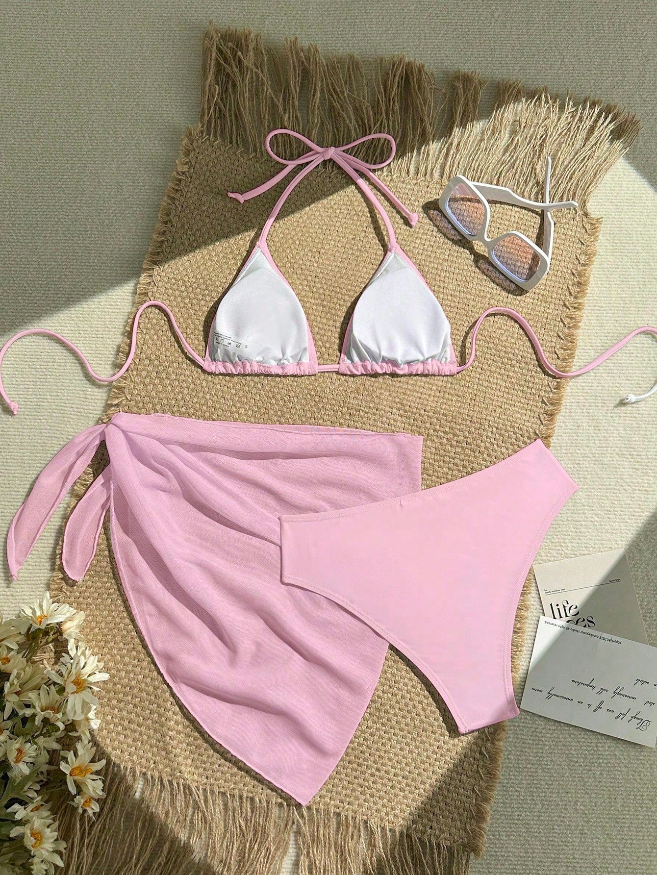 Zestiva 3pcs/Set Solid Color Textured Bikini Swimwear For Beach