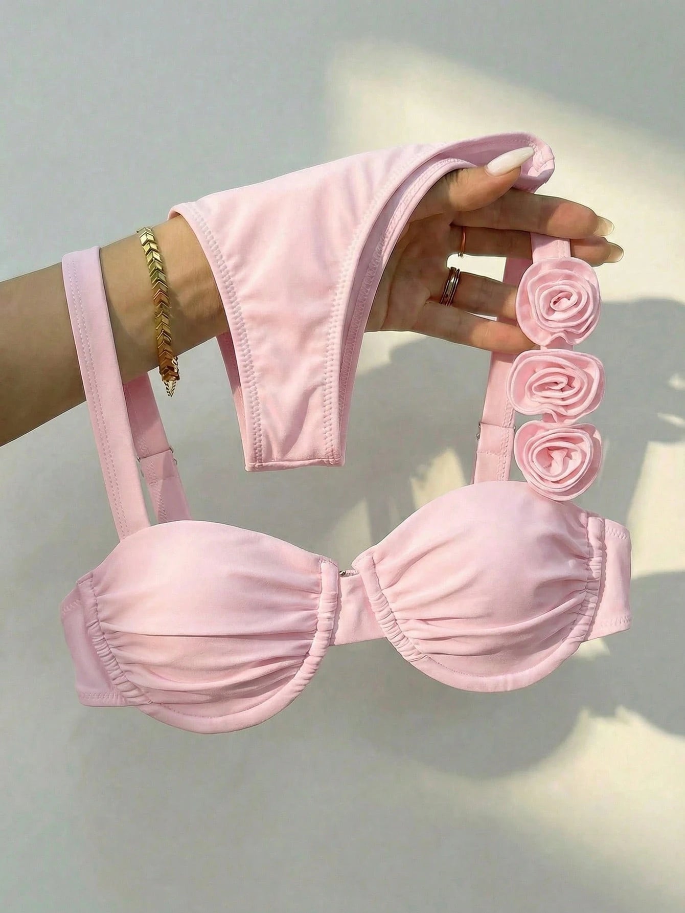 Bikinx Women's Solid Color Underwire Bikini With 3D Floral Design, Sexy Split Bikini Suitable For Summer - image 9