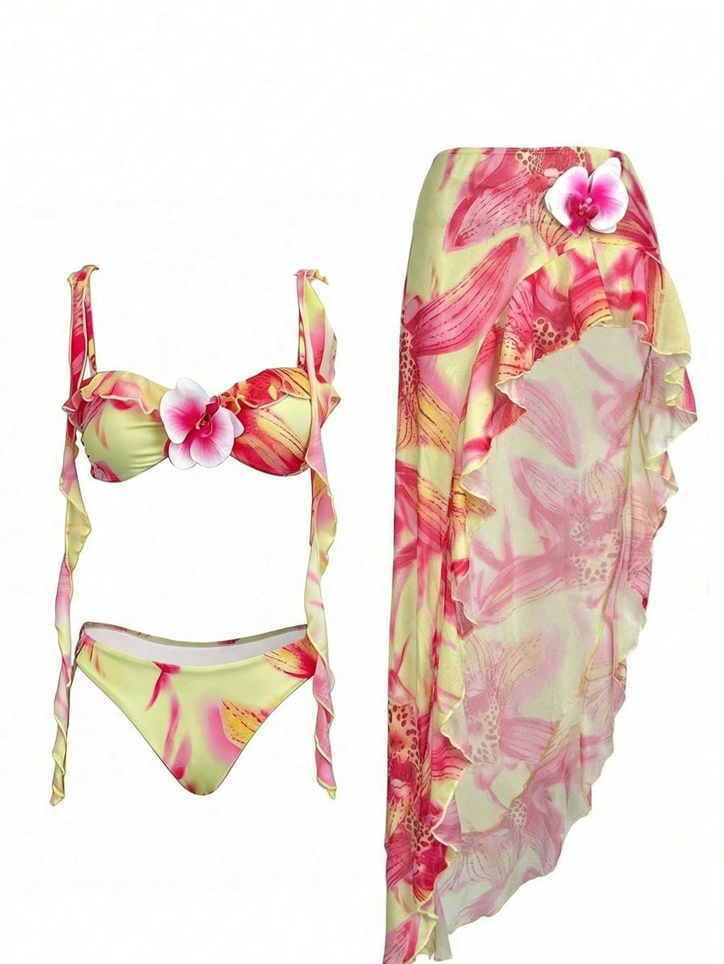 Women's Sexy Elegant Three Piece Pink Yellow Gradient Floral Print