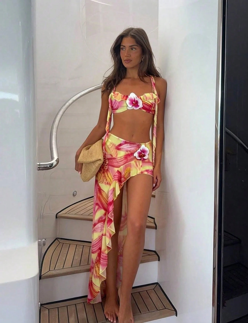 Women's Sexy Elegant Three Piece Pink Yellow Gradient Floral Print