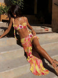 Women's Sexy Elegant Three Piece Pink Yellow Gradient Floral Print