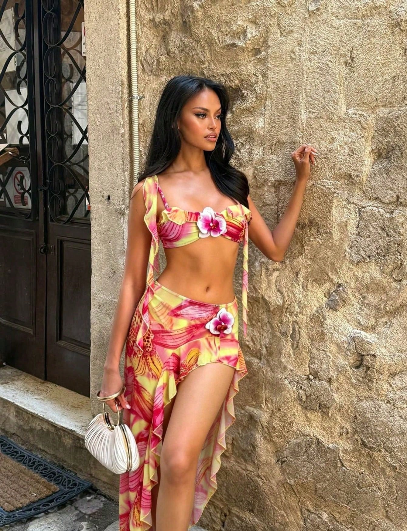 Women's Sexy Elegant Three Piece Pink Yellow Gradient Floral Print