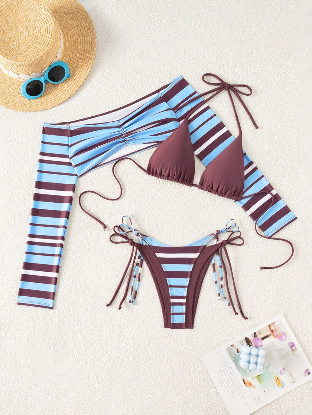 Sirith Women's New Striped Print Viral 3 PiecesSwimsuit Set, Fashionable Sexy Be