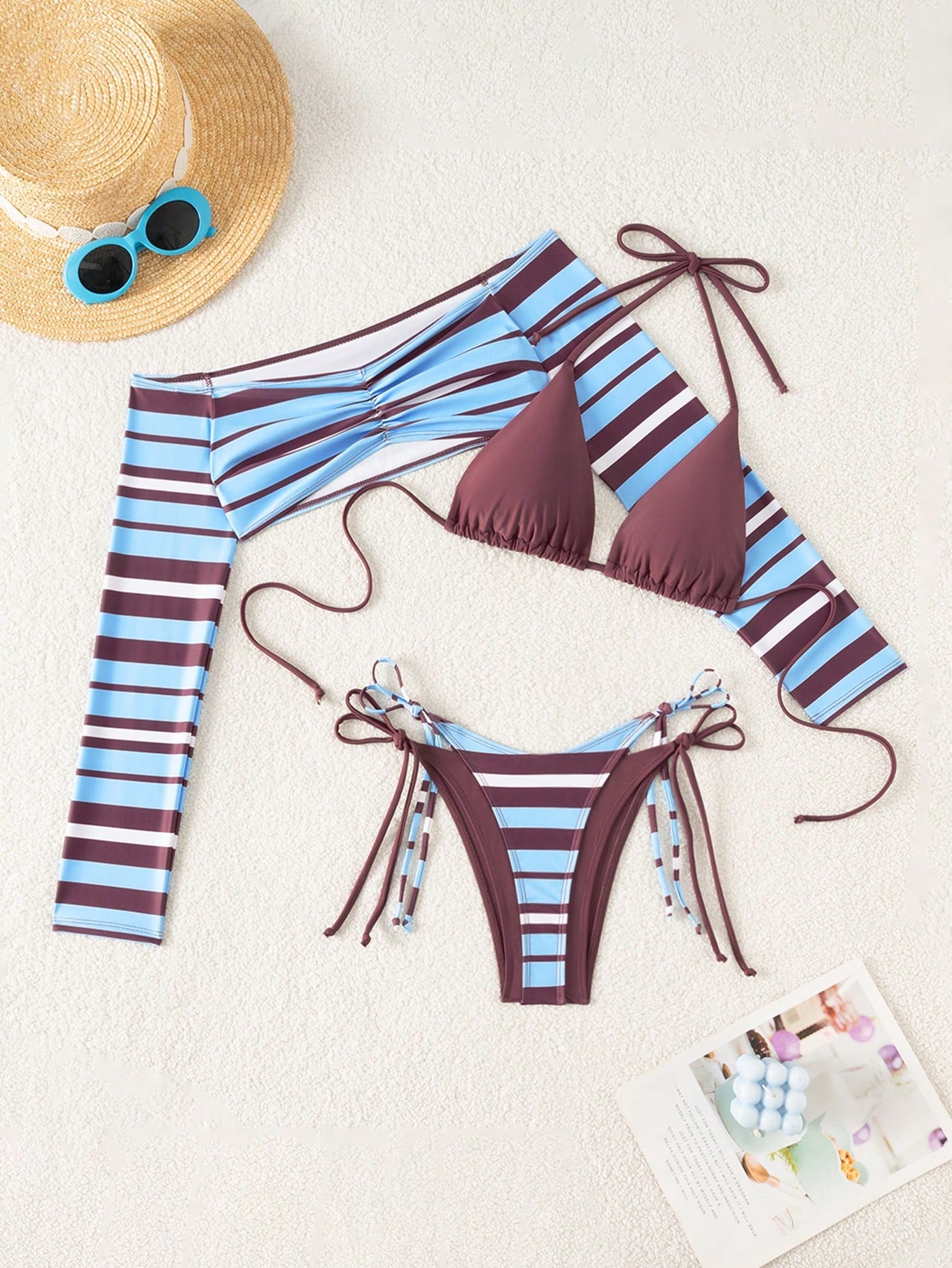 Sirith Women's New Striped Print Viral 3 PiecesSwimsuit Set, Fashionable Sexy Be