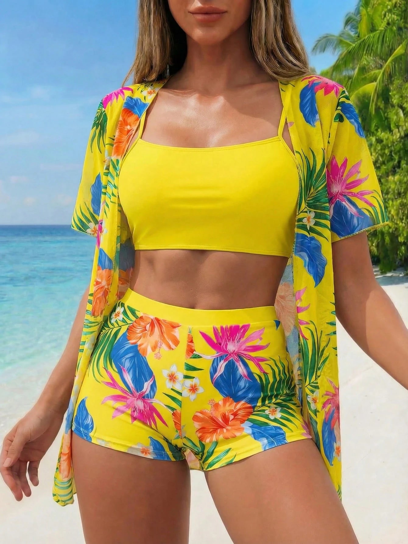 Swim Lushoire Tropical Print Bikini Set Wireless Cami Top & Boxer Shorts & Open
