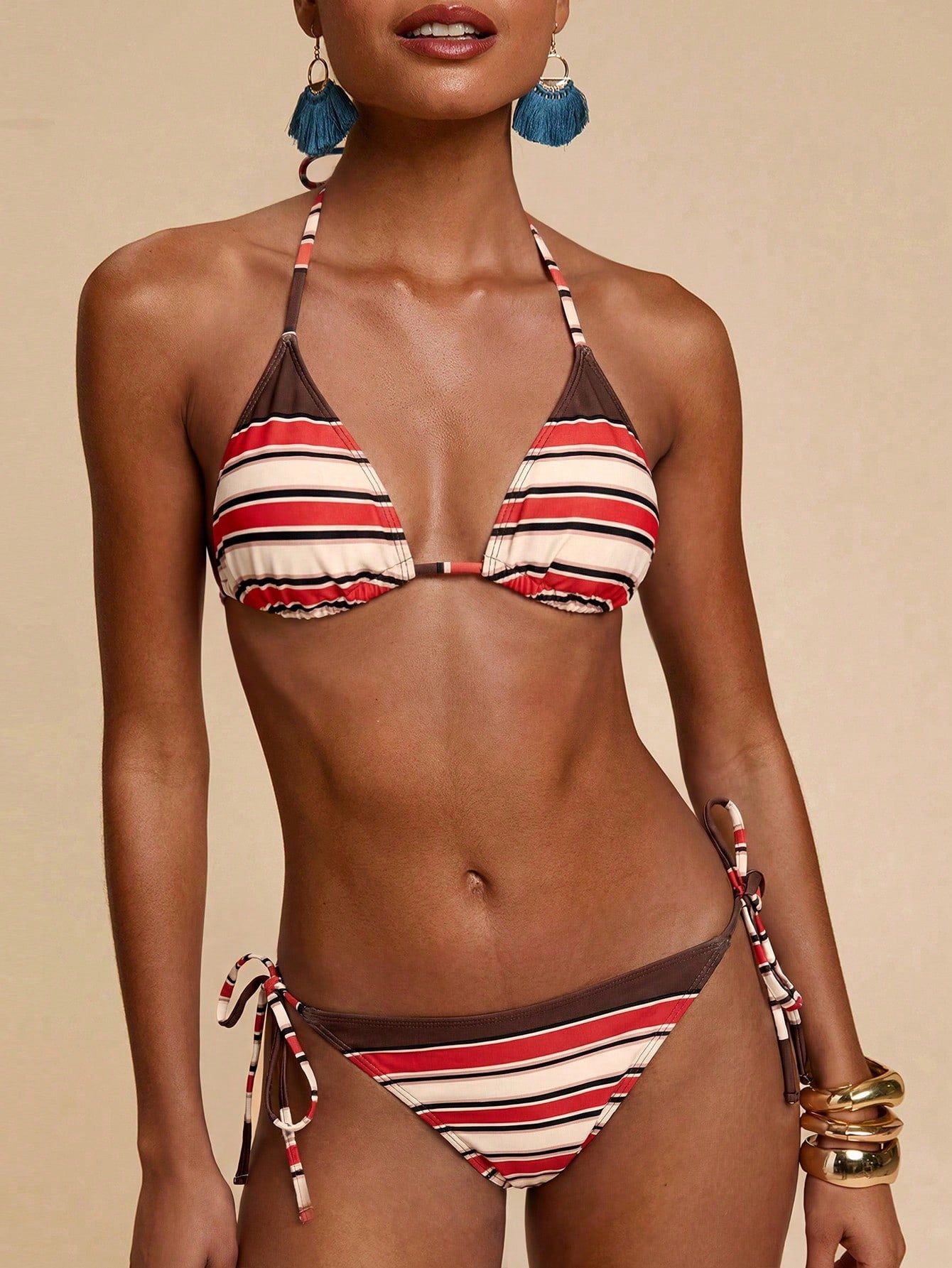 Travachic Women's Summer Beach Vacation Black And White Stripe Halter Neck Tie T
