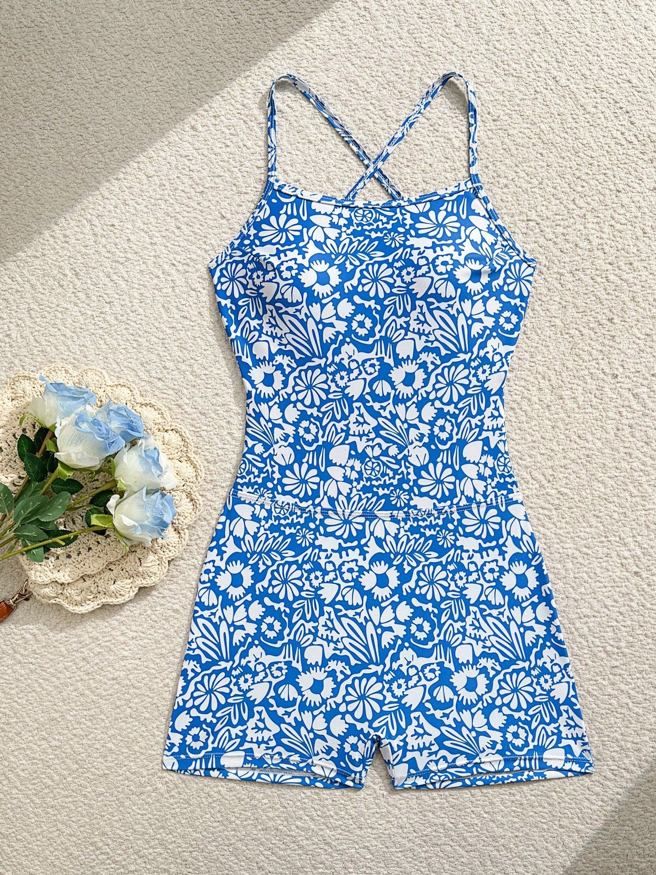 Swim SPRTY Women's Fashionable Beach One-Piece Swimsuit With Tie-Up Straps, Blue Background With White Floral - image 13