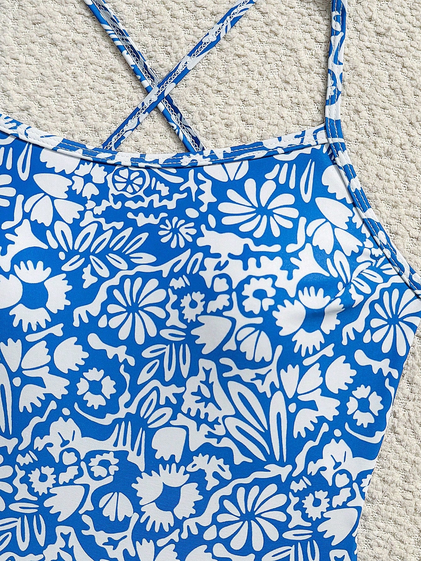 Swim SPRTY Women's Fashionable Beach One-Piece Swimsuit With Tie-Up Straps, Blue Background With White Floral - image 14